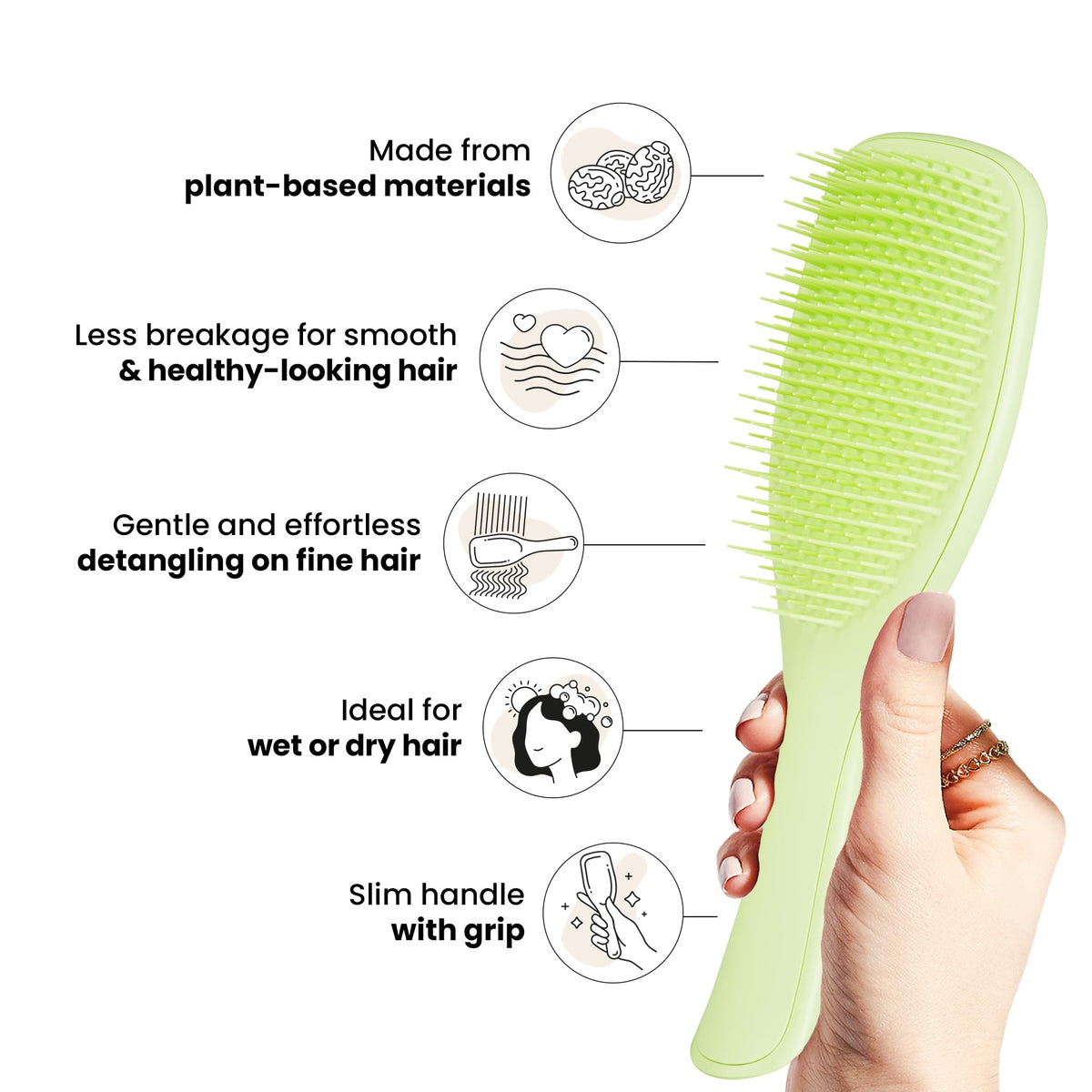 Tangle Teezer Matcha Green soft-flex teeth closeup, reducing breakage on fine hair.