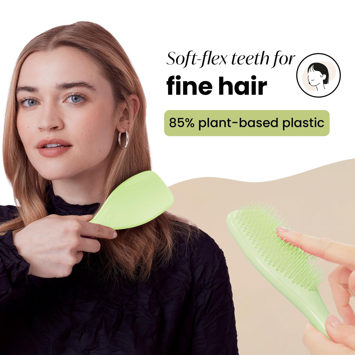 Tangle Teezer Matcha Green two-tier teeth closeup, detangling knots while smoothing strands.