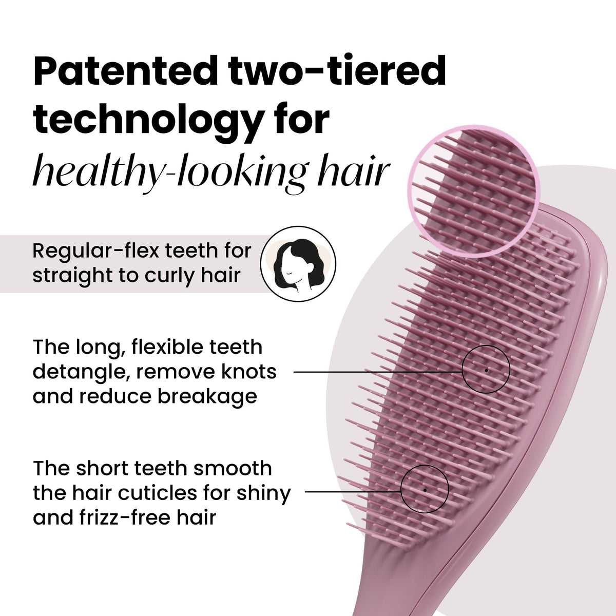 Tangle Teezer two-tier teeth close-up showing gentler detangling and less breakage.