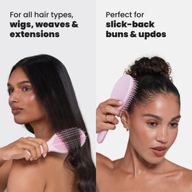 Tangle Teezer Ultimate Styler long teeth detangle while short teeth smooth for shine.