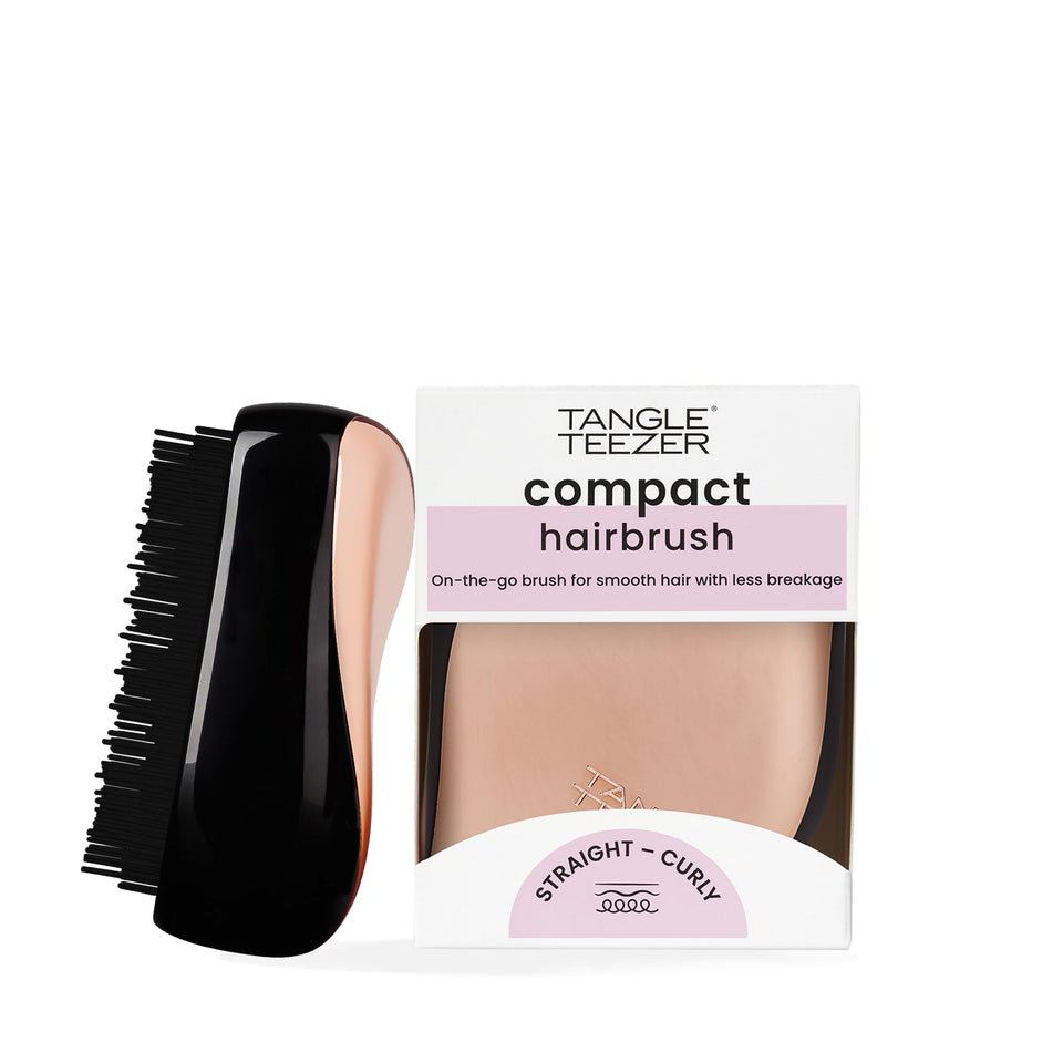 Tangle Teezer Compact Styler with rose gold and black cover, detangling hair gently