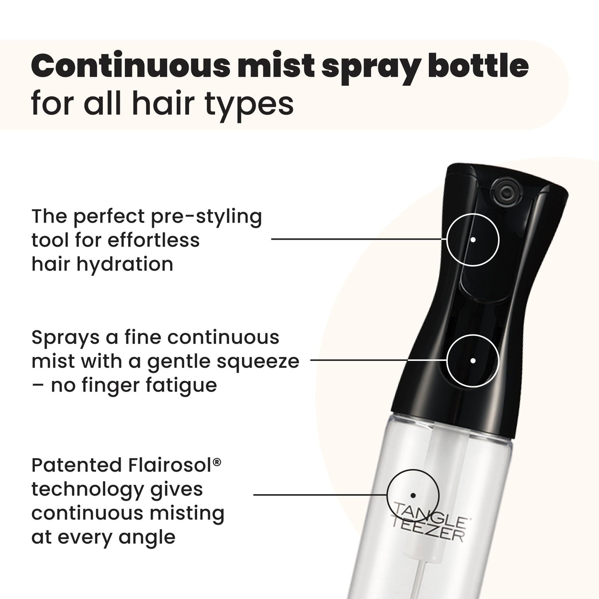 Tangle Teezer Fine Mist Bottle in use delivering even spray for detangling curls