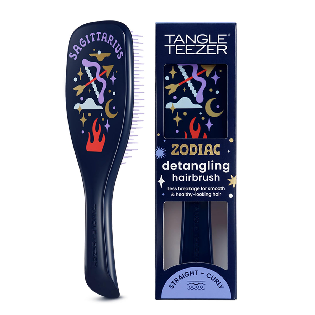 Tangle Teezer Zodiac Ultimate Detangler on wet hair eases knots.