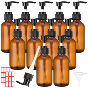 Tanlade amber glass pump bottle set shown for travel and home use