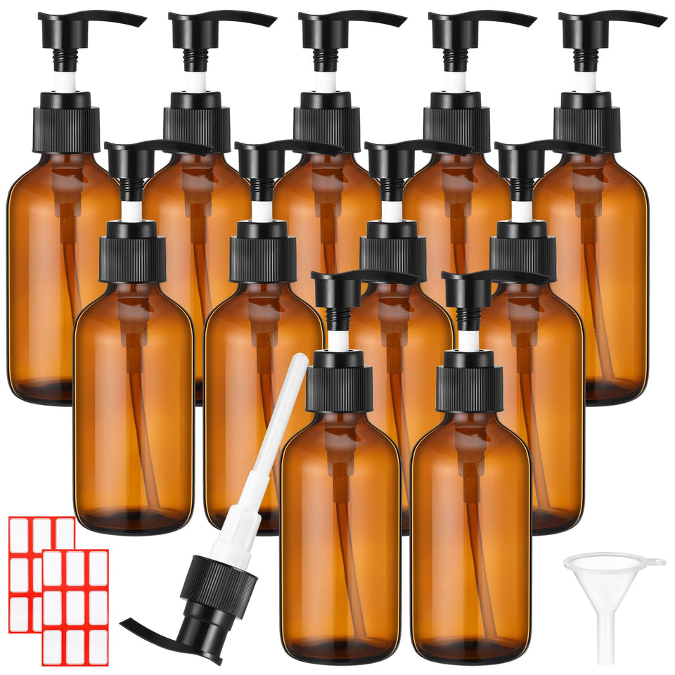 Tanlade amber glass pump bottle set shown for travel and home use