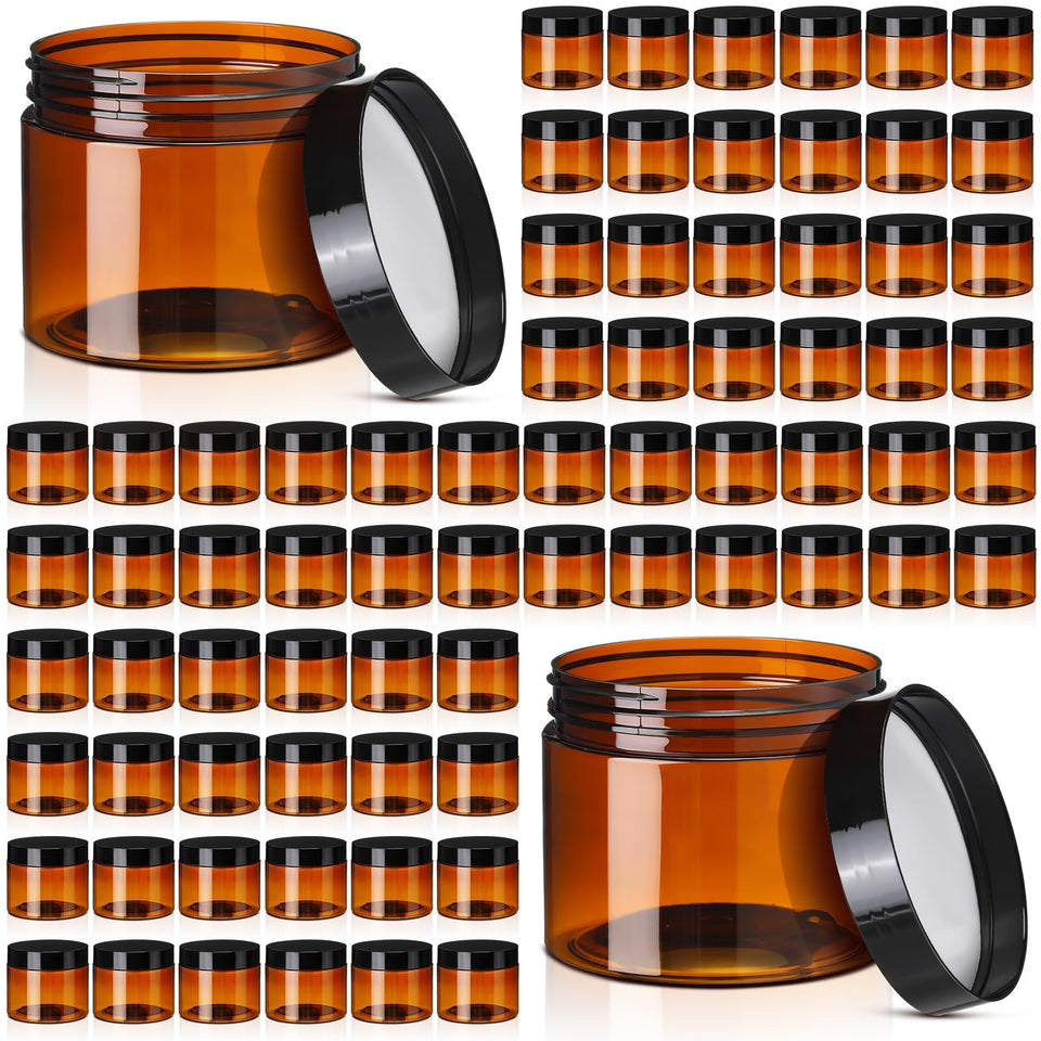 Tanlade 2 oz amber plastic jar with lid for secure, portable storage.