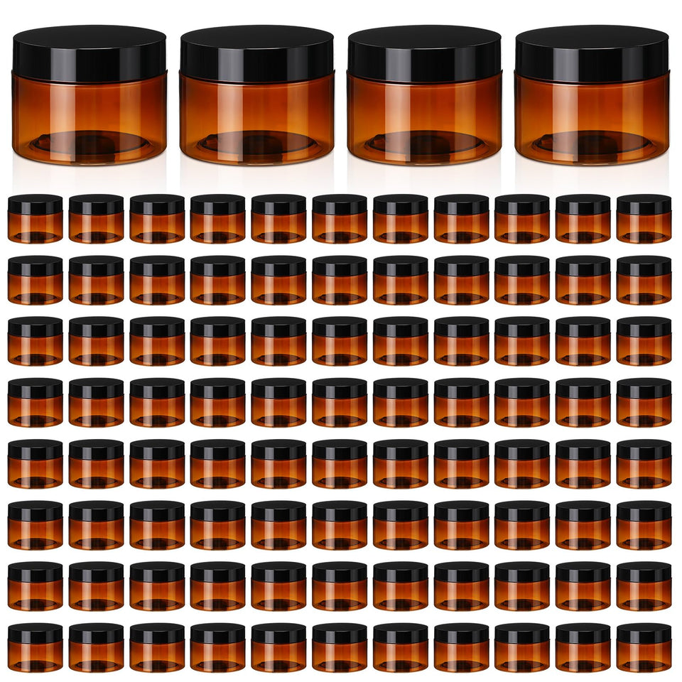 Tanlade amber plastic jar with lid, 4oz, ideal for creams and travel storage.