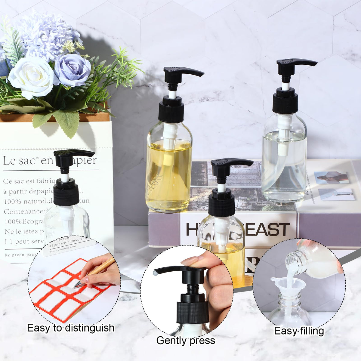 Tanlade clear glass packaging with pump highlights elegant apothecary design for bath and vanity.