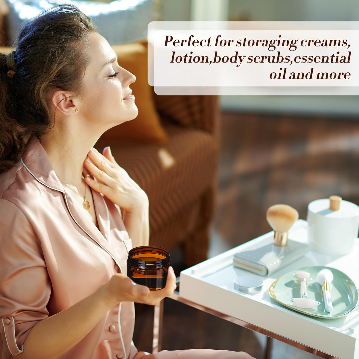 Tanlade travel size cream jars in amber provide easy portability for on the go routines.