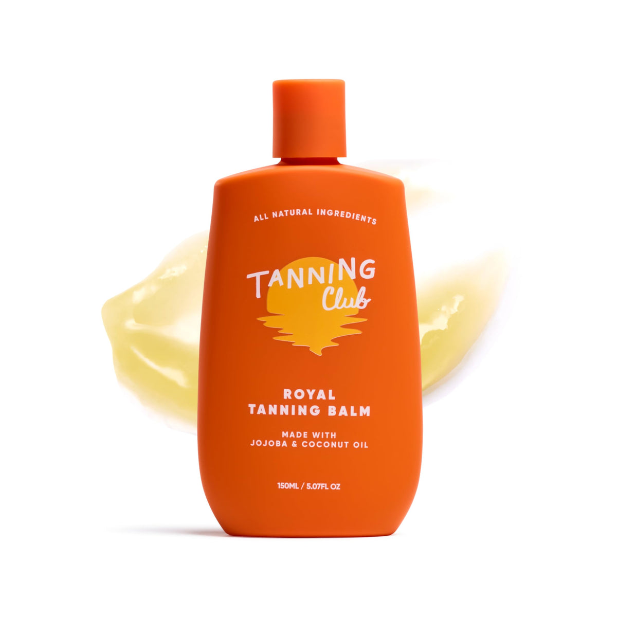 Tanning Club Royal Tanning Balm bottle highlighting hydration for sun exposure.