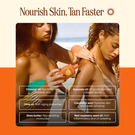 Coconut oil visuals inside Royal Tanning Balm packaging emphasizing nourishment.
