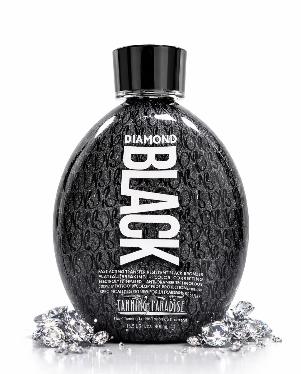 Tanning Paradise Diamond Black bottle ready to use, illustrating transfer-resistant bronzing for clean clothing.