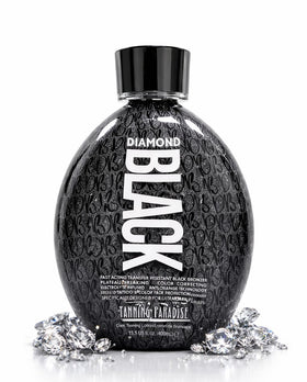 Tanning Paradise Diamond Black bottle ready to use, illustrating transfer-resistant bronzing for clean clothing.