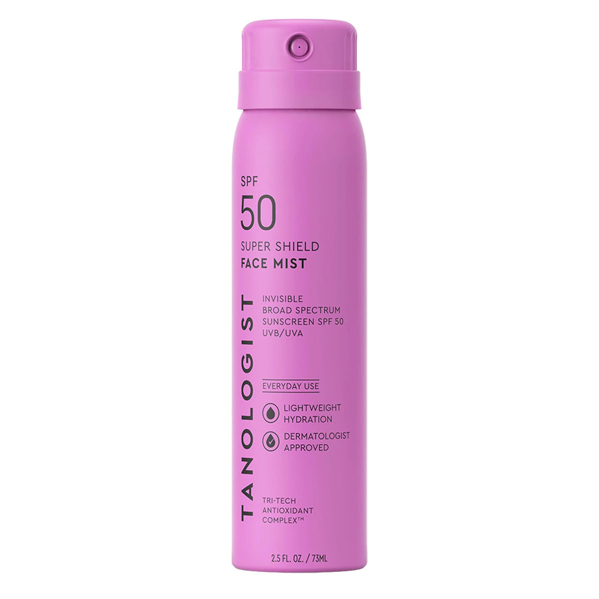 Tanologist SPF 50 Super Shield Face Mist bottle ready for daily sun protection on the go.