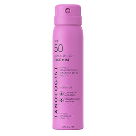 Tanologist SPF 50 Super Shield Face Mist bottle ready for daily sun protection on the go.