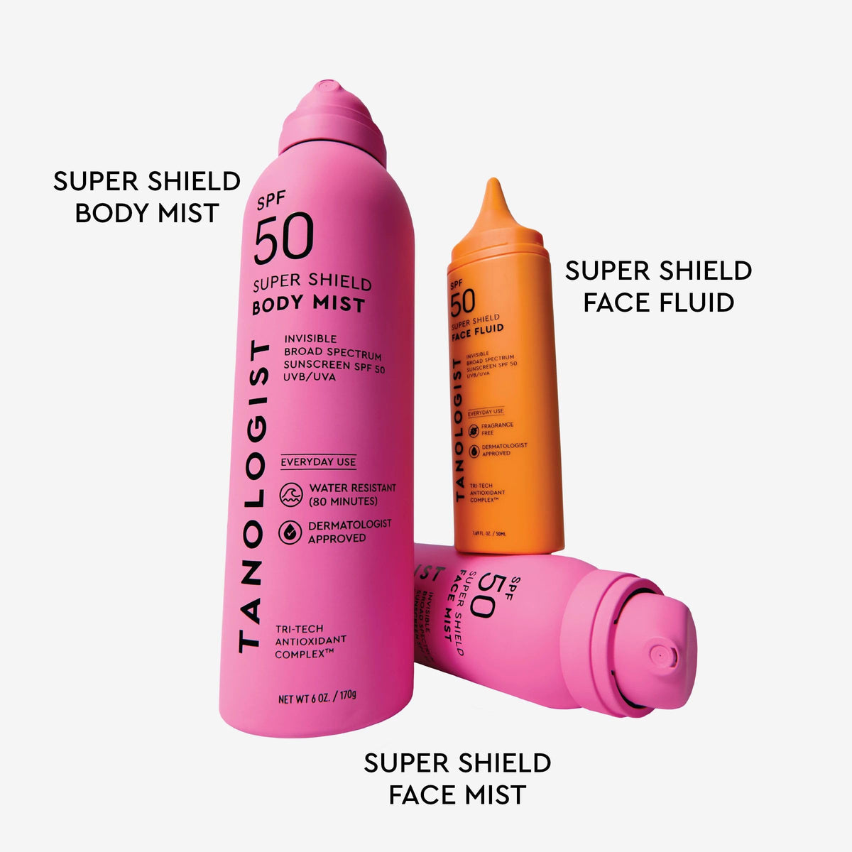 Tanologist SPF 50 Super Shield Face Mist applied on skin for light protection.