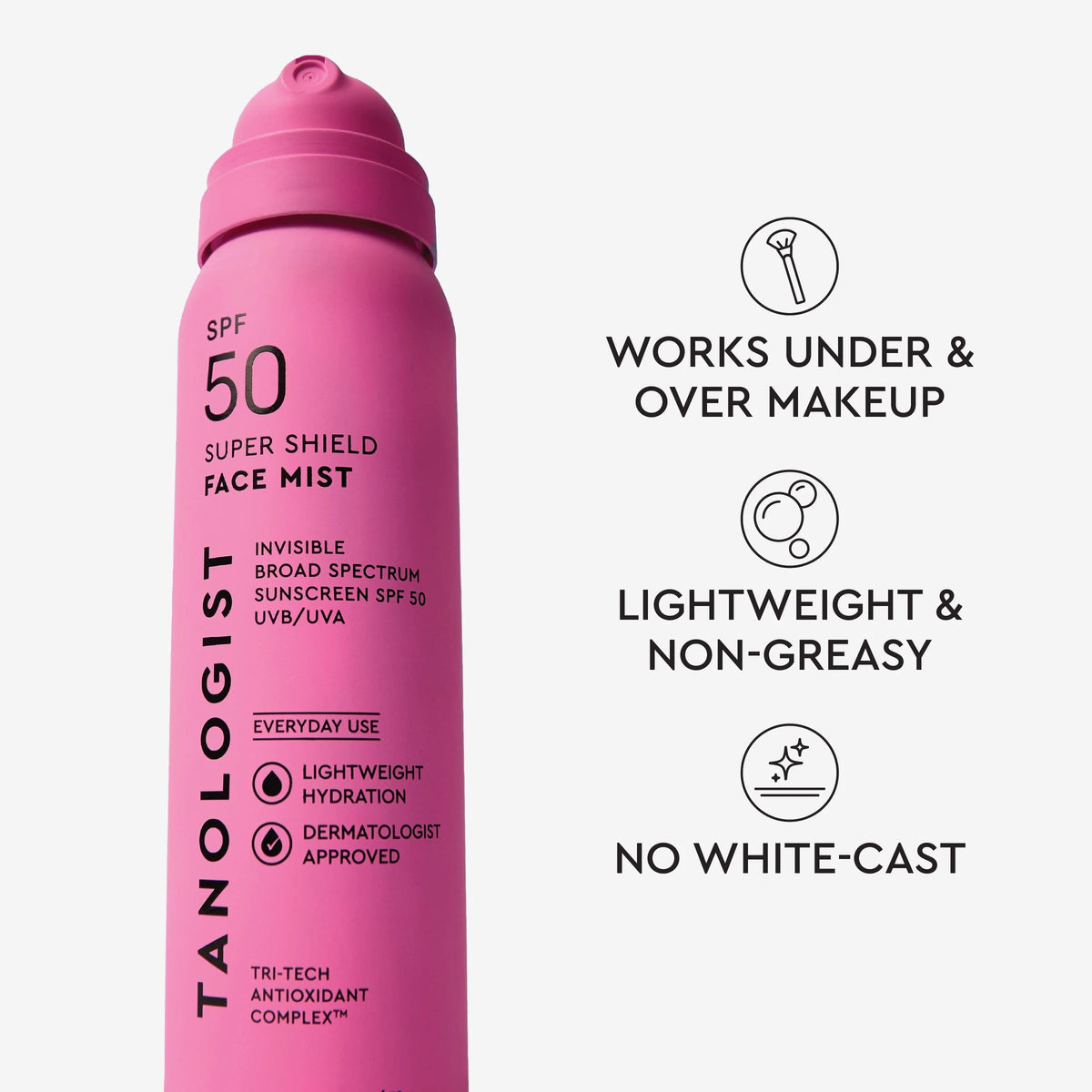 Tanologist SPF 50 Super Shield Face Mist spray dispensing provides quick, even coverage.