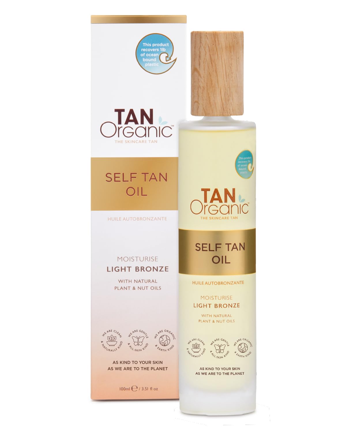 TanOrganic Self Tanning Oil bottle on wood surface showing natural glow