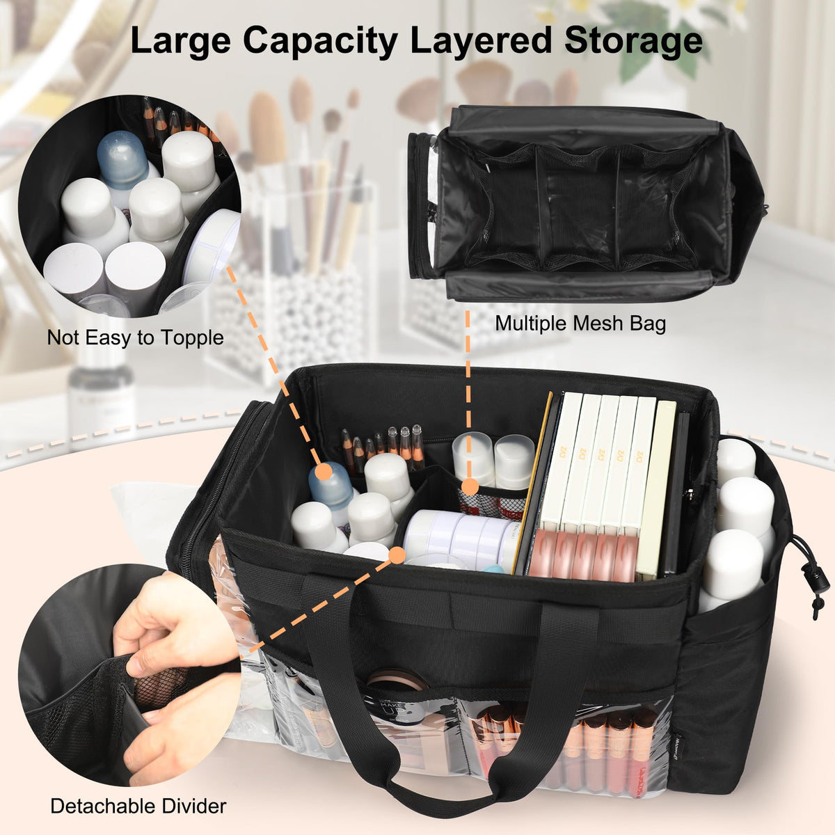 TANTO makeup bag side pocket for quick reach of frequently used essentials.