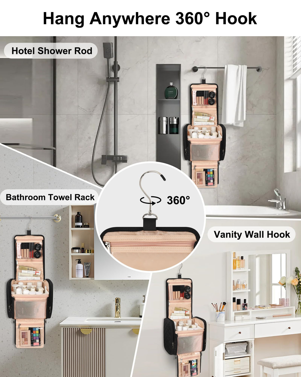 360-degree rotatable hook on the TANTO toiletry bag for flexible hanging.