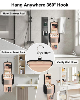360-degree rotatable hook on the TANTO toiletry bag for flexible hanging.