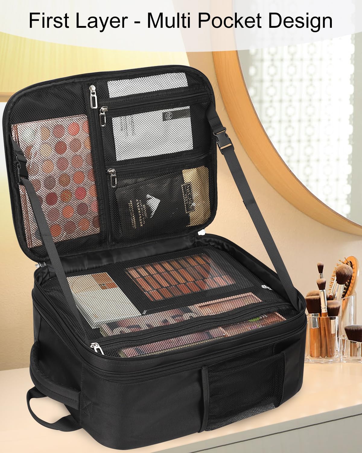 TANTO makeup backpack adjustable dividers customize compartments for brushes and palettes.