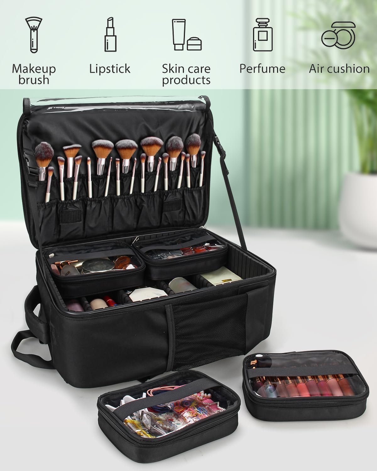 TANTO makeup backpack mesh side pockets for umbrellas or bottles.