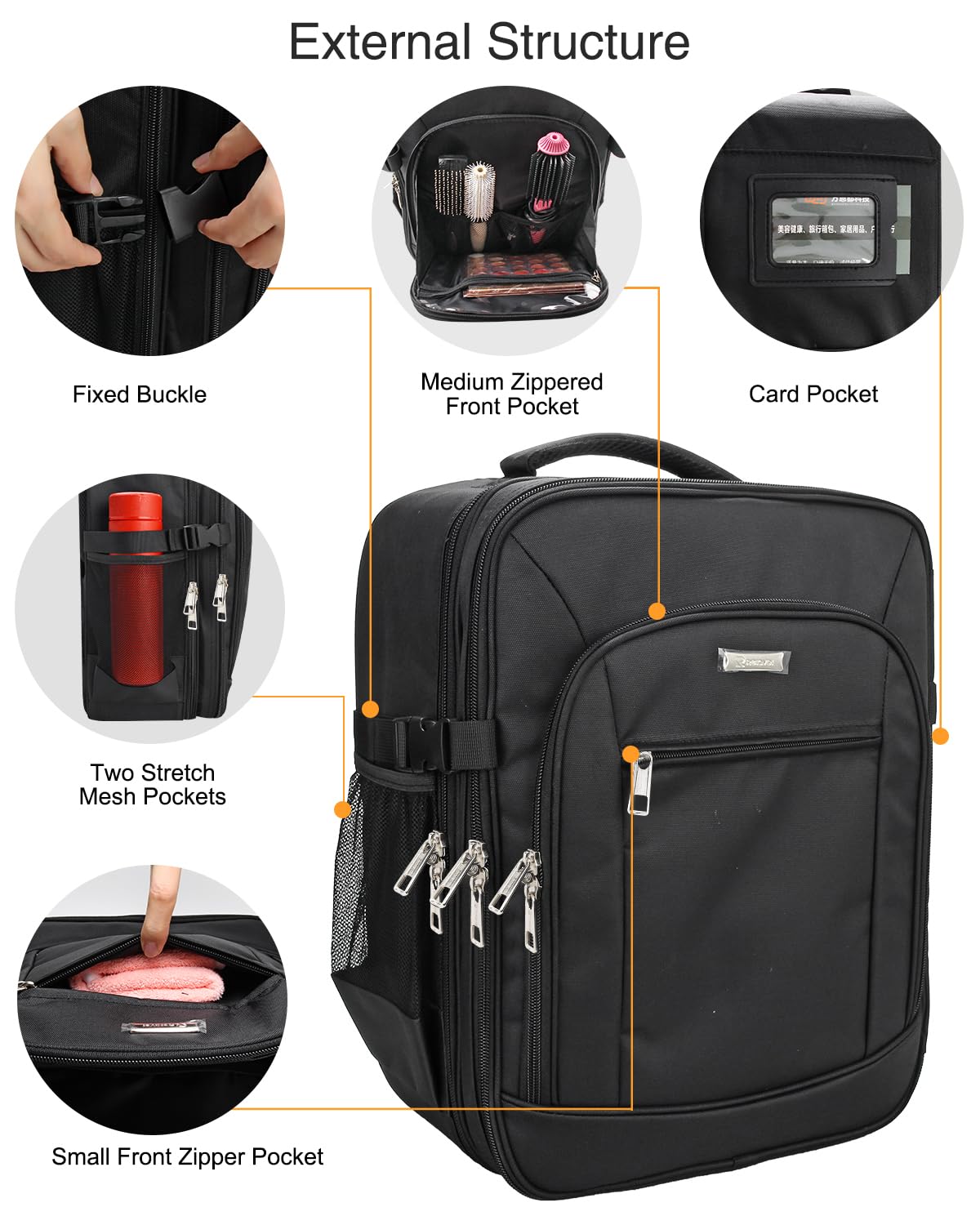 TANTO makeup backpack professional layout with multiple pockets for cosmetics and tools.