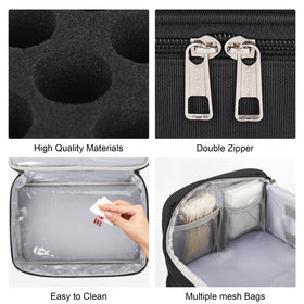 Detachable shoulder strap and multiple pockets for flexible carrying.