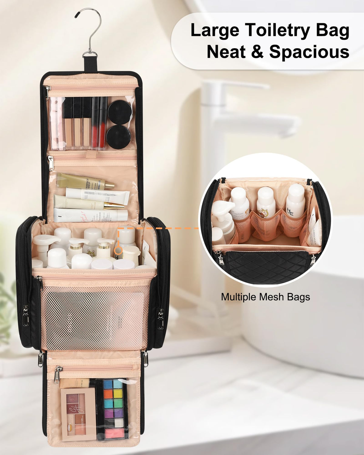 Large capacity fits full-size toiletries in the TANTO bag.