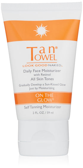 TanTowel On The Glow bottle pour—colorless moisturizer that helps blend sunless tan for a natural glow.