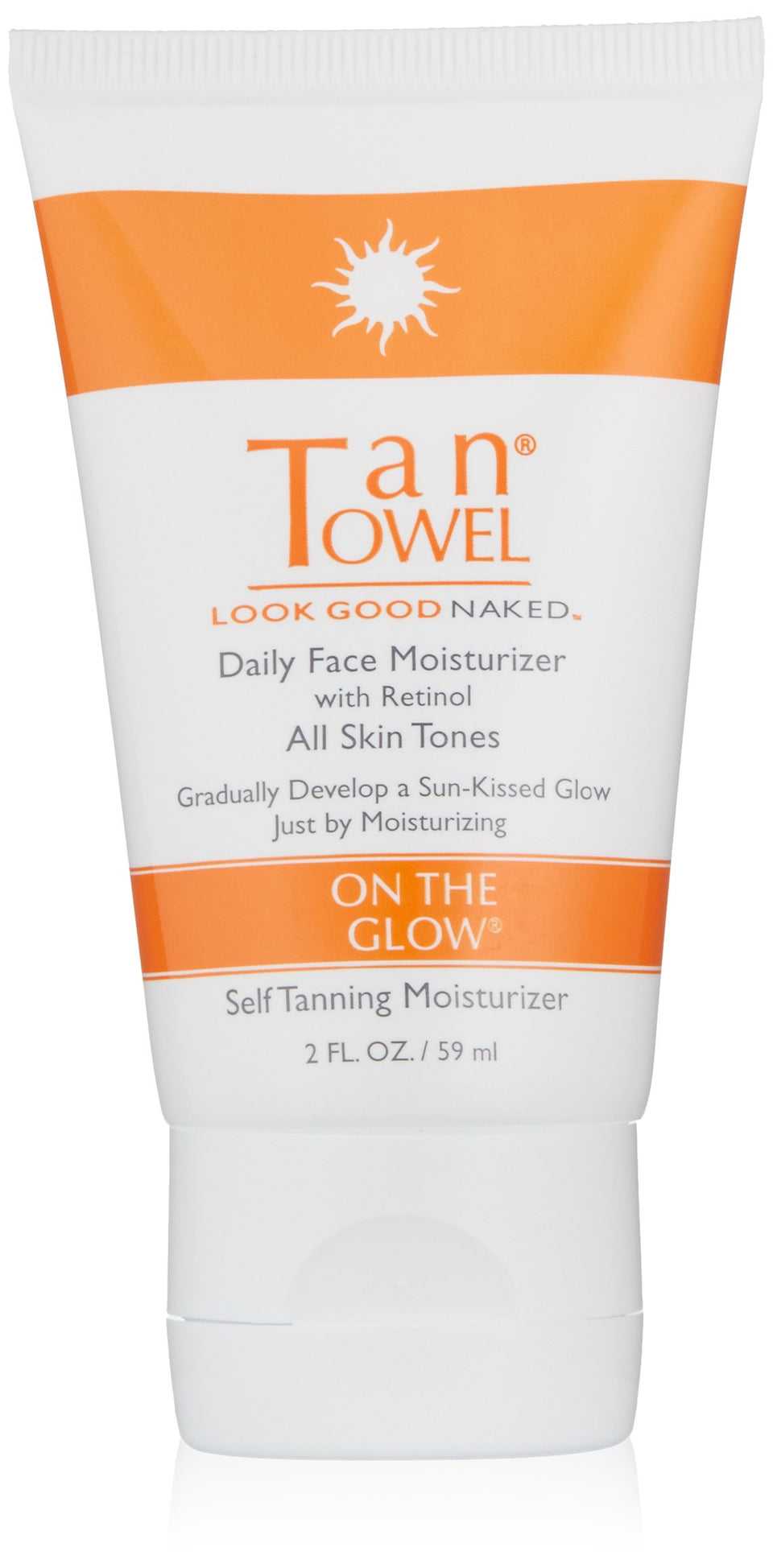 TanTowel On The Glow bottle pour—colorless moisturizer that helps blend sunless tan for a natural glow.