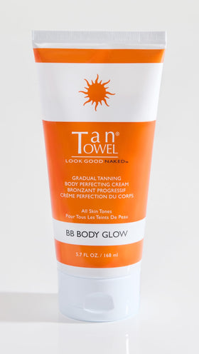 TanTowel Women's Body Glow BB Cream being applied, delivering even tone and a sunless glow.