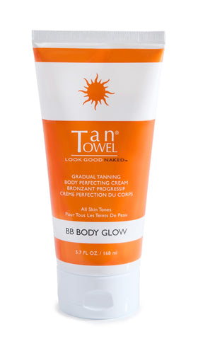 TanTowel Women's Body Glow BB Cream bottle with hydrating self-tanning formula for a subtle golden tan.
