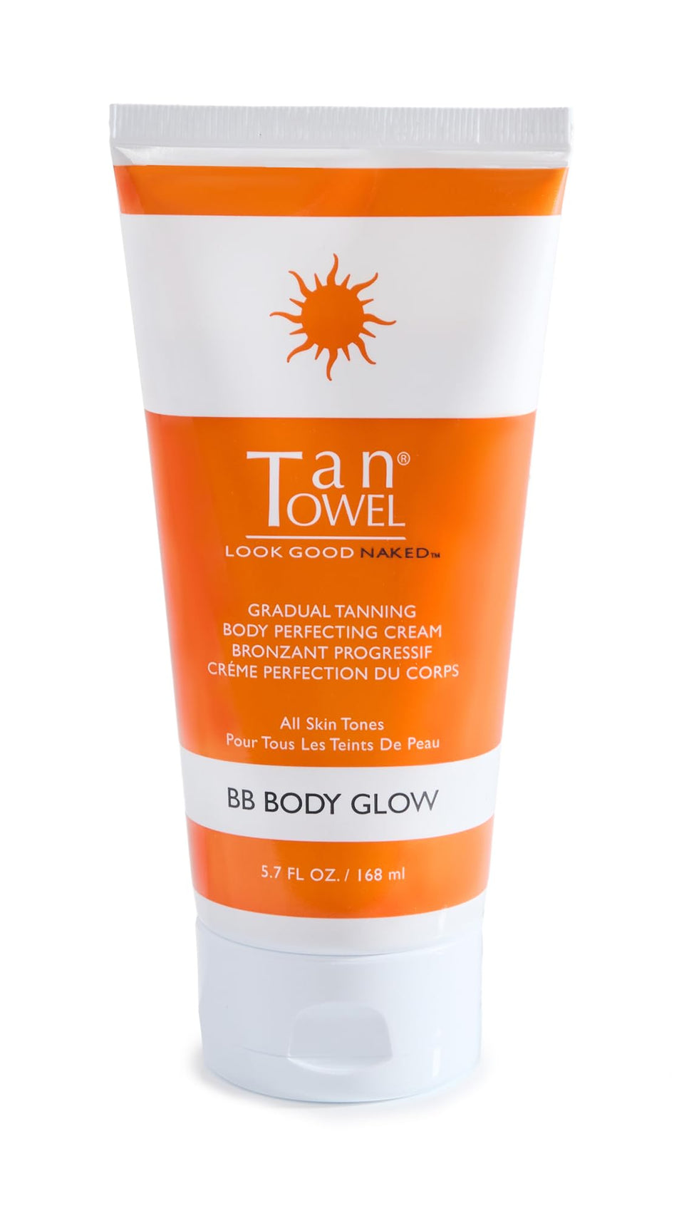 TanTowel Women's Body Glow BB Cream bottle with hydrating self-tanning formula for a subtle golden tan.
