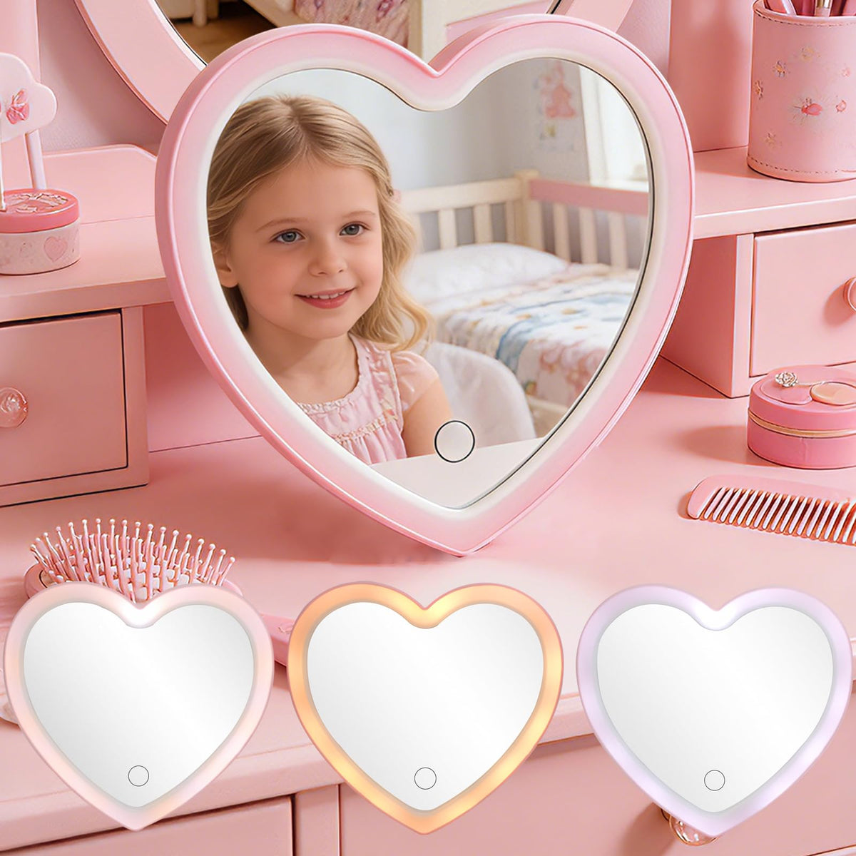 Taolivingmart pink heart makeup mirror closed for compact storage and safe play.