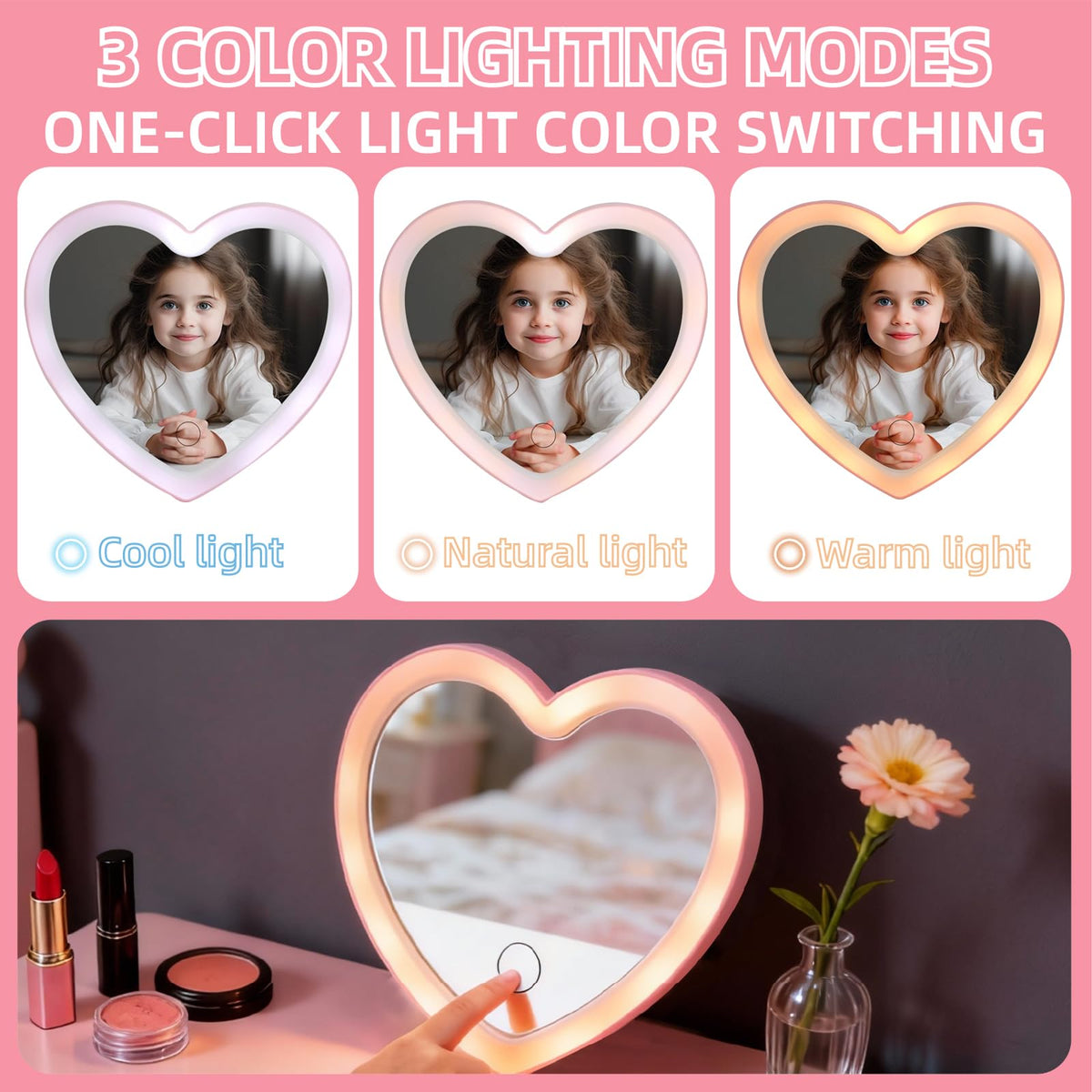 Taolivingmart pink heart makeup mirror lit warm for bedtime routines and cozy glow.