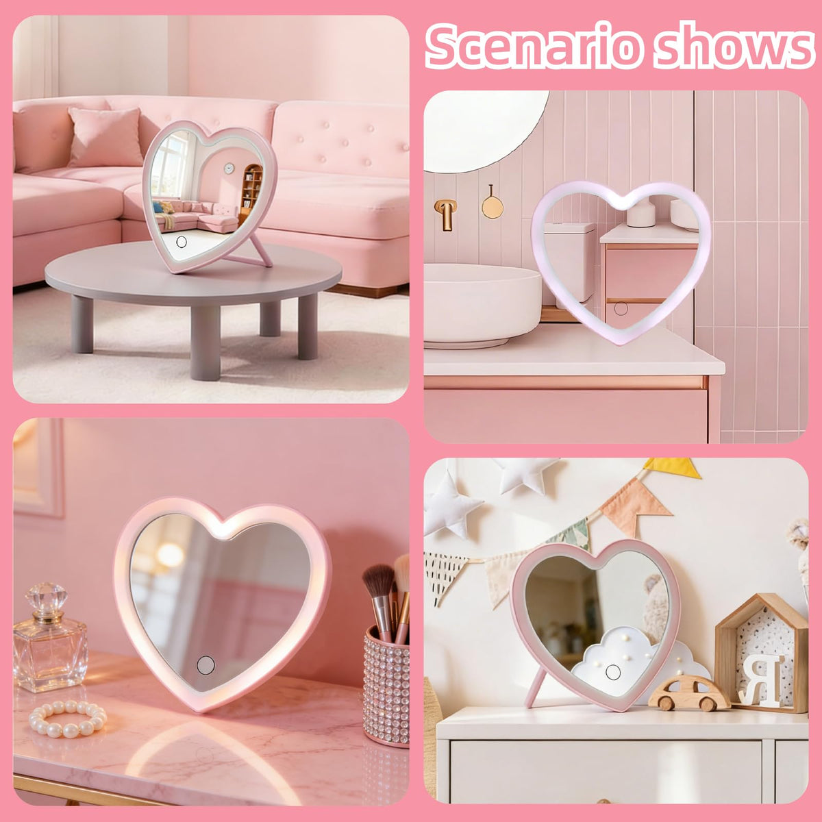 Taolivingmart pink heart makeup mirror with non-slip base for stable use.