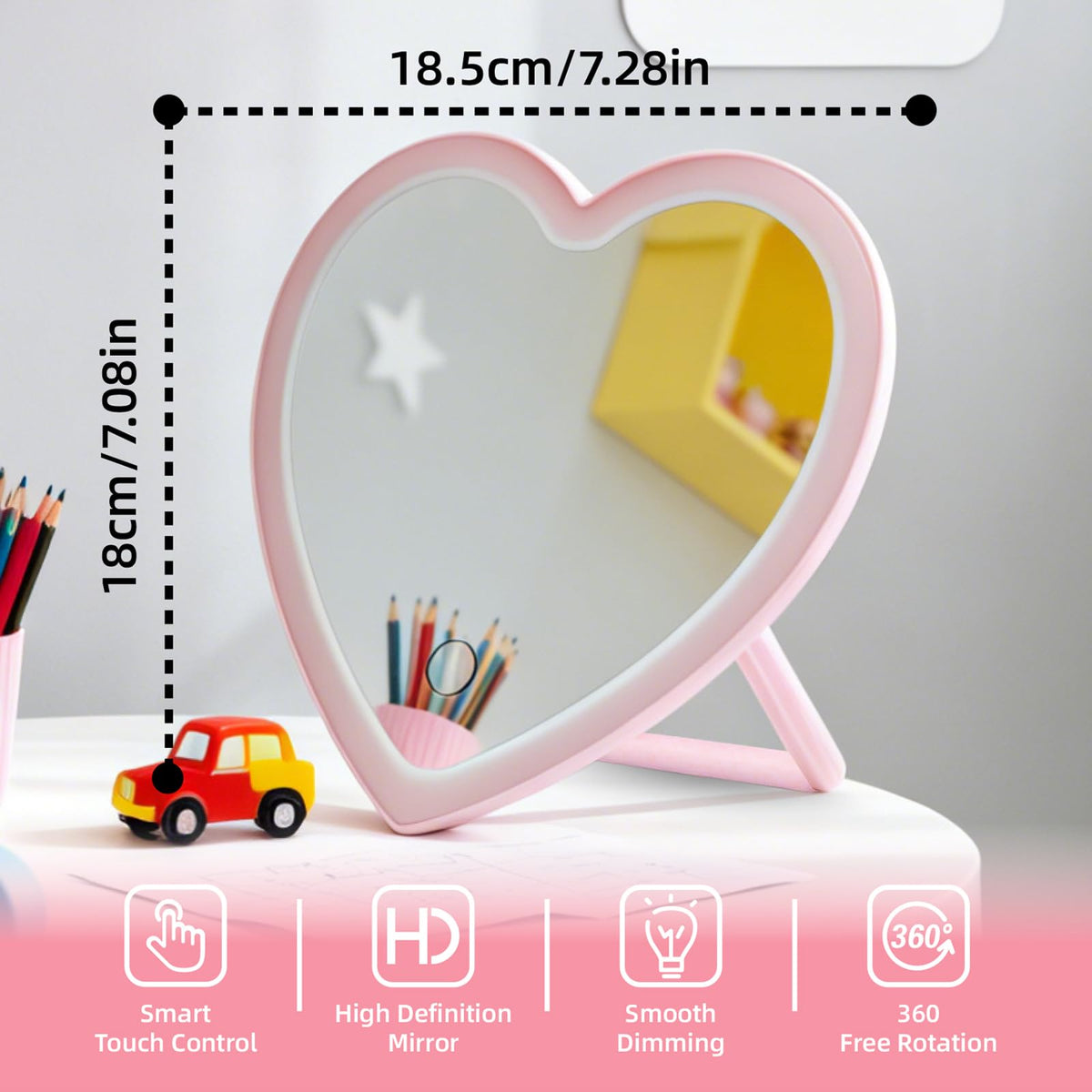 Taolivingmart pink heart makeup mirror open with soft LED lights for imaginative play.