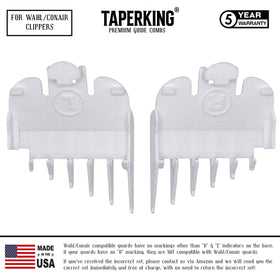 Taper King guide combs glide smoothly for quick, clean tapering on Wahl or Conair clippers.