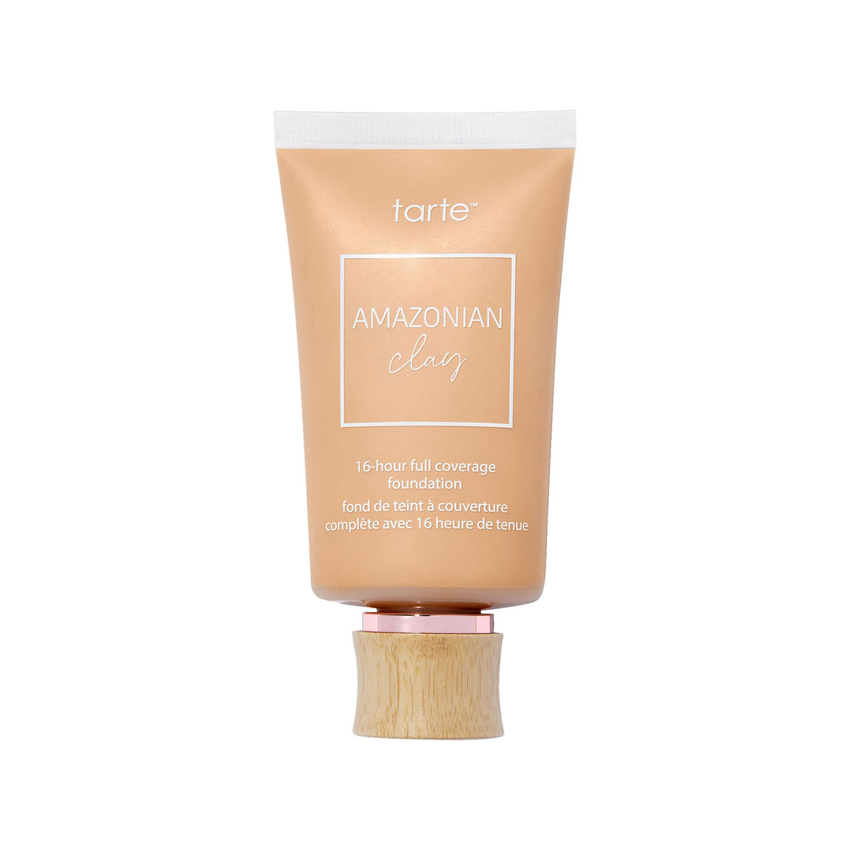 tarte Amazonian clay 16-hour foundation bottle shows full-coverage, smooth matte wear