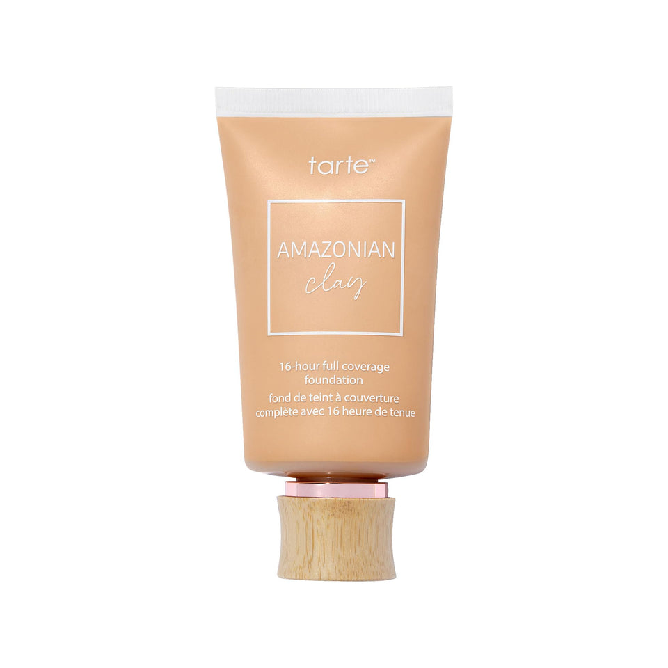 tarte Amazonian clay 16-hour foundation bottle shows full-coverage, smooth matte wear