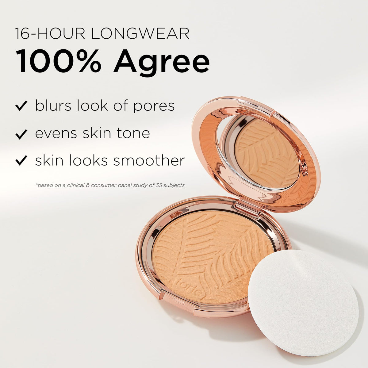 tarte Amazonian clay blurring powder foundation 16-hour wear swatch shows lasting look.