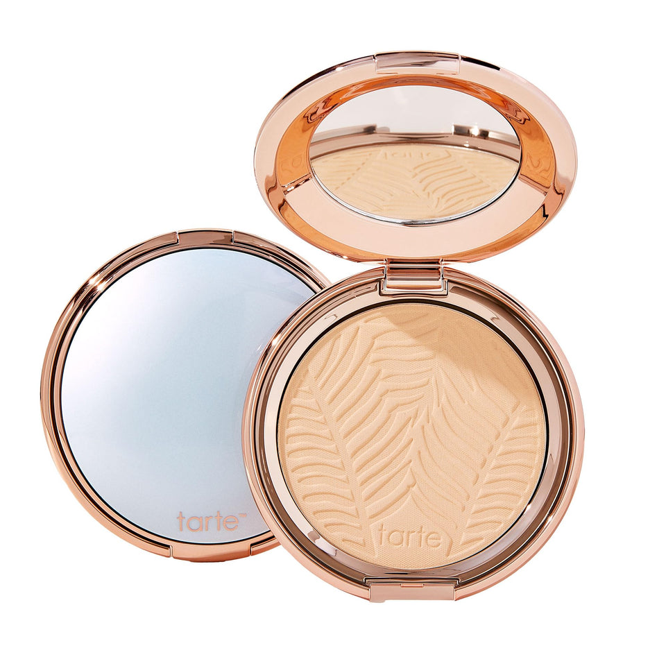 tarte Amazonian clay blurring powder foundation bottle shows shade for natural matte finish