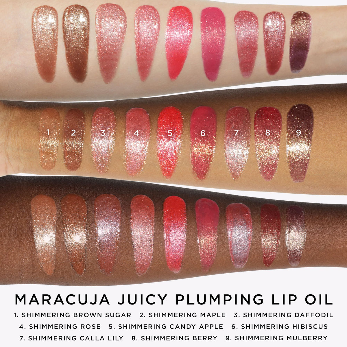 Tarte Maracuja Juicy Lip Oil ingredients icons show 15+ nourishing oils.