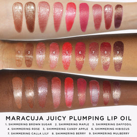 Tarte Maracuja Juicy Lip Oil ingredients icons show 15+ nourishing oils.