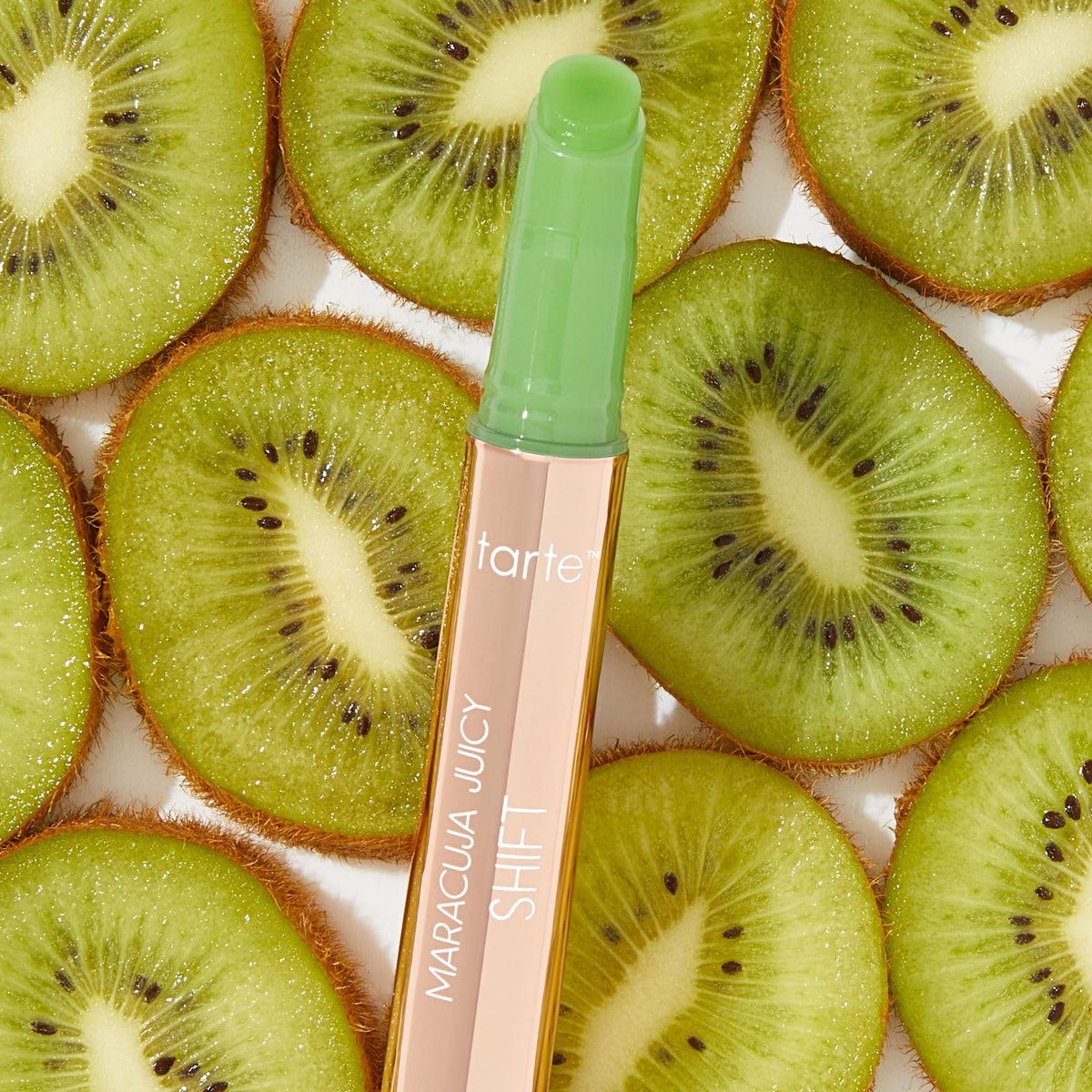 tarte maracuja juicy lip shift application brush shows even, precise coverage.