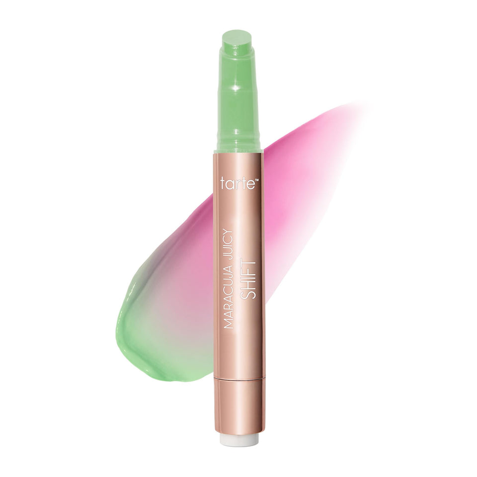 tarte maracuja juicy lip shift bottle showcases glossy, hydrating color for a daily glow.