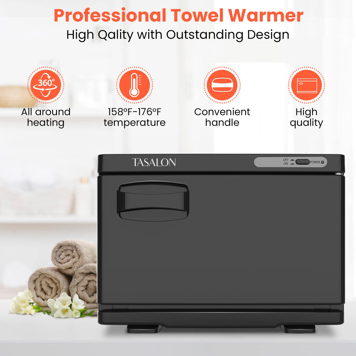 TASALON hot towel warmer with removable drip tray for easy cleaning