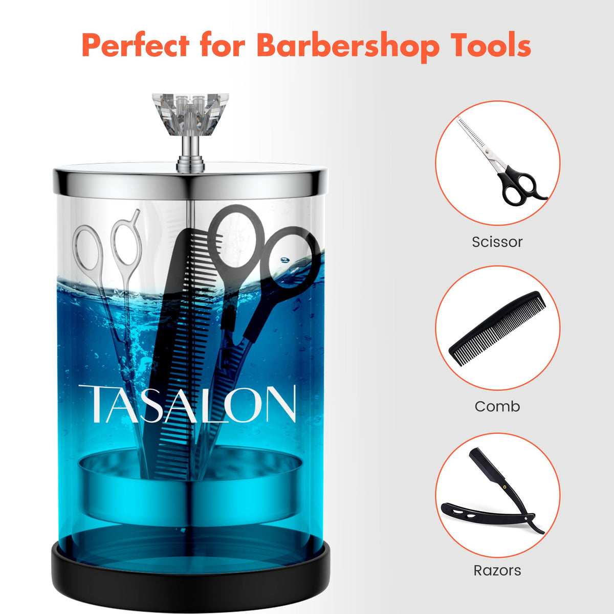 TASALON Barber Jar Pack clear glass body shows instruments soaking in solution.